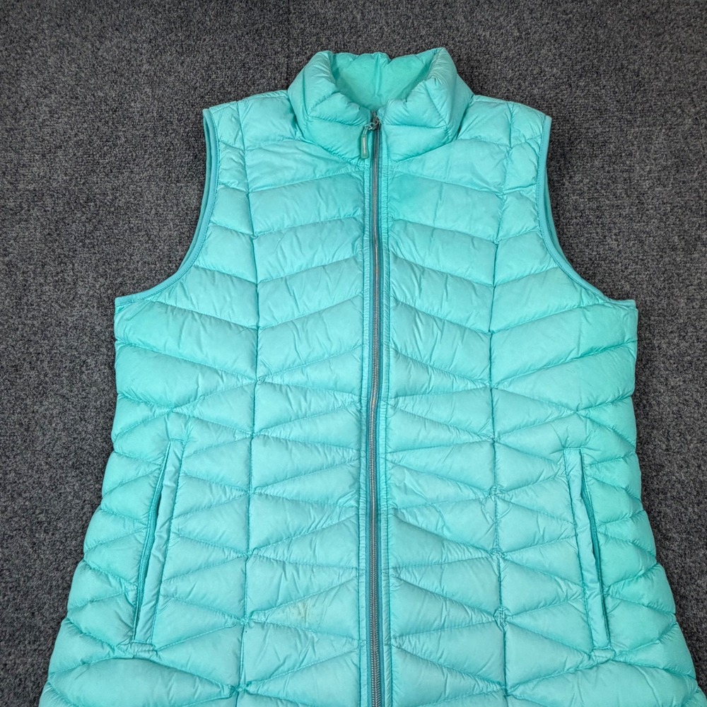 Tangerine Womens Puffer Vest Aqua Blue Chevron Quilted Full Zip‎ Mock Neck Large
